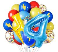Red Blue Yellow Balloons, 40 Inch Blue 4 balloon number Lightning Bolt Balloon Confetti Balloons for Toy Carnival Party Decorations 4th Birthday Decorations for Boys