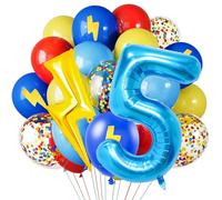 Red Blue Yellow Balloons, 40 Inch Blue 5 balloon number Lightning Bolt Balloon Confetti Balloons for Toy Carnival Party Decorations 5th Birthday Decorations for Boys