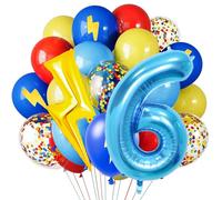 Red Blue Yellow Balloons, 40 Inch Blue 6 balloon number Lightning Bolt Balloon Confetti Balloons for Toy Carnival Party Decorations 6th Birthday Decorations for Boys