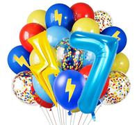Red Blue Yellow Balloons, 40 Inch Blue 7 balloon number Lightning Bolt Balloon Confetti Balloons for Toy Carnival Party Decorations 7th Birthday Decorations for Boys