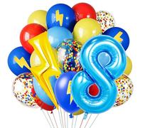 Red Blue Yellow Balloons, 40 Inch Blue 8 balloon number Lightning Bolt Balloon Confetti Balloons for Toy Carnival Party Decorations 8th Birthday Decorations for Boys