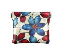 Red Blur Florals PU Leather Small Coin Waterproof Card Holder for Girls Women Ladies