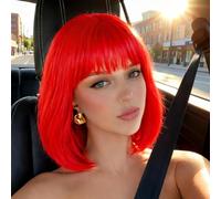 Red Bob Wigs with Bangs (Can Be Trimmed) Straight Short Wigs for Women Synthetic Wig for Cosplay Women Funny Wig for Party Halloween Daily Anime Costume Events (Red)