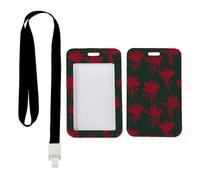 Red Botanical Card Holder with Black Lanyard, Oyster Card Holder Men, Vertical Cards Protector for Work, Vertical ID Cards Protector for Worker, Nurse Essentials Teacher Stuff