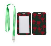 Red Botanical ID Badge Holder with Green Lanyard, Lanyard Holder, Vertical Cards Protector for Paramedic, Vertical ID Cards Protector for Worker, Nurse Essentials Work Bus Driver Accessories