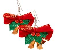 Red Bow Christmas Earrings For Women, Jingle Bell Dangle Earrings With Green Holly & Berries, Holiday Jewelry (1.89X1.97)