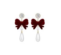 Red Bow Tie Earrings Velvet Bow Crystal Pearl Stud Earrings Elegant Bridal Butterfly Drop Earrings Red Earrings for Women Christmas Jewelry Gifts, Zinc, No Gemstone