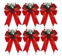 Red Bows, 6Pcs Christmas Bows with Pine Cones Pine Needles Xmas Velvet Red Christmas Tree Wreath Decoration for Indoor Outdoor Crafts DIY Decor