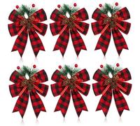 Red Bows, 6Pcs Christmas Bows with Pine Cones Pine Needles Xmas Velvet Red Christmas Tree Wreath Decoration for Indoor Outdoor Crafts DIY Decor, Black and
