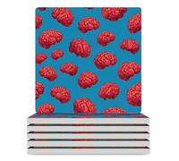 Red Brains Pattern Square Ceramic Coaster Set with Non-Slip Cork Base Drink Coasters Tabletop Protection for Home Kitchen Bar