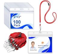 Red Breakaway Lanyards for ID Badges 100 Pack Bulk with 4x3 Horizontal ID Holder, Clear Waterproof Plastic Name Tag Holder, Safety Neck Lanyards for Conference Office School Events