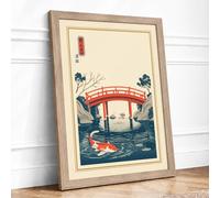 Red Bridge at Twilight Japandi Framed Wall Art Print A3 Oak