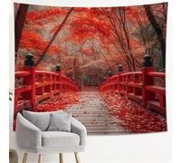Red Bridge Autumn Forest Tapestry, Japanese Zen Decorative Wall Hanging, Fall Nature Tapestries for Living Room, Bedroom, Dorm 60x80 Inch