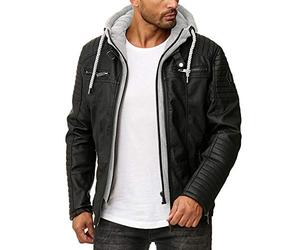 RED BRIDGE Men's Faux Lether Jacket Transition Biker Jacket with Hooded Modern 2in1 (M, Black - Grey)