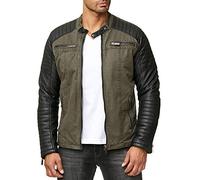 RED BRIDGE Men's Jacket Slim-Fit Casual Faux Leather Cotton Biker Modern Coats Khaki