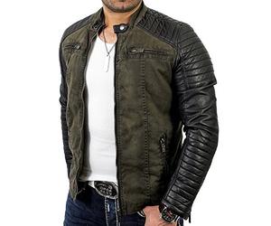 RED BRIDGE Men's Jacket Slim-Fit Casual Faux Leather Cotton Biker Modern Coats Khaki