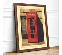 Red British Telephone Booth Vintage Framed Wall Art Print A2 (59.4×42cm) Walnut, Wall Decor for Living Room, Bedroom, Office & Home, Ready to Hang, Art Gift