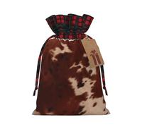 Red Brown Cowhide Christmas Drawstring Linen Gift Bag Paired With Scottish Plaid Fabric, With A Delicate And Simple Texture