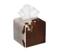 red brown cowhide Patterned square tissue box in double sided leather for home, office and bedroom