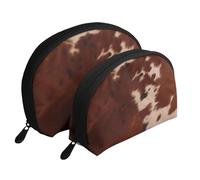red Brown Cowhide Printed Makeup Bags 2-Piece Portable Shell Travel Toiletry Bag Cosmetic Organizer Bag for Women