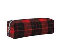 Red Buffalo Plaid Pencil Case for Boys Girls Vintage Leather Pen Pouch Holder for School Office Travel Portable Stationery Organizer Makeup Bag Silver Zip