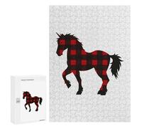 Red Buffalo Plaid Uni-corn-horse Jigsaw Puzzles for Adults 300 PCS Wooden Puzzles Unique Puzzle Gifts