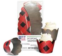 Red Buffalo Plaid Wood Reversible Cupcake Wrappers, Woodland Lumberjack Birthday Party Supplies, Camping, Wild One, Bachelorette, Baby Shower, Outdoor Garden Wedding, Confetti Couture-24 Count (Red)