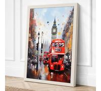 Red Bus in London Rain Canvas Wall Art Print 30x20 Inch (76 x 51 cm)