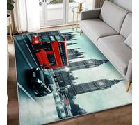 Red Bus Machine Washable Area Rug 60 x 90 cm, Living Room Cityscape Architecture Printed Rectangle Rug Bedroom Non-slip Carpet - Soft Low Pile Carpet Playroom Floor Decorate