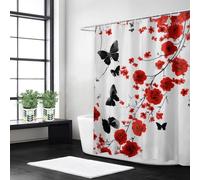 Red Butterfly Shower Curtain W150 x L180 cm, Waterproof Polyester Fabric Bath Curtains with 12 Hooks, Weighted Hem, Rustproof Eyelets & Quick Dry for Bathroom Wet Room, Machine Washable, L#283