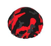 Red Camo Print Shower Cap for Women & Men â€“ Reusable Double-Layer Bath Hair Cap with Elastic Strap One Size