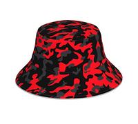 Red Camo Prints Reflective Bucket Hat :: Lightweight, Breathable, Foldable. Unisex for Outdoor Activities Four Seasons Quality, Black, One size
