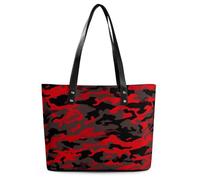 Red Camo Tote Bag Large Soft Leather Purse with Zipper Lightweight Ladies Shoulder Handbag