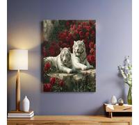 Red Canvas Wall Art 40 x 30 cm Framed Poster Print Modern Two white tigers and roses Picture Ready to Hang for Living Room Bedroom Home Decor
