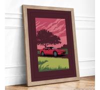 Red Car at Dusk Modern Framed Wall Art Print A2 (59.4×42cm) Oak, Wall Decor for Living Room, Bedroom, Office & Home, Ready to Hang, Art Gift