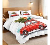 Red Car Christmas Tree Coverless Duvet Single 7.5 Tog, Reversible Minimalism Bedding Set, Soft Washable Quilt with Pillowcases for All Season Summer Camping Blanket 135 x 200 cm