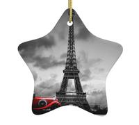 Red Car In Front Of The Eiffel Tower Double-Sided Printed Ceramic Star Christmas Ornament With Gold Hanging Cord-Festive Holiday Decoration For Home,Store, Christmas Tree