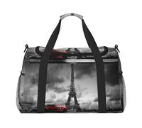 Red Car in Front of The Eiffel Tower Full Print Travel Duffle Bag with Adjustable Shoulder Strap,Large Capacity Twill Polyester Crossbody Bag for Gym,Weekend Trips Outdoor Activities