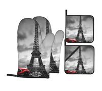 Red car in front of the Eiffel Tower Printed Oven Gloves Heat Resistant, Non Slip oven mitts Potholder with Hanging Loop for Kitchen Grilling, Baking, Bbq (4 Pcs)