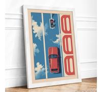 Red Car on Blue Road Retro Framed Wall Art Print A3 (42×29.7cm) White, Wall Decor for Living Room, Bedroom, Office & Home, Ready to Hang, Art Gift