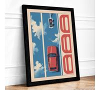 Red Car on Blue Road Retro Framed Wall Art Print A4 (29.7×21cm) Black, Wall Decor for Living Room, Bedroom, Office & Home, Ready to Hang, Art Gift