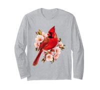 Red Cardinal Bird Pink Blossom Nature Design Long Sleeve T-Shirt