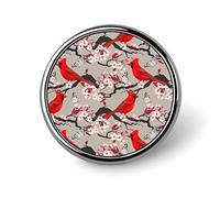 Red Cardinal Birds Blooming Cherry Flowers Round Brooch Pin, Unisex Smooth Lapel Tie Pin, Lightweight Badge Jewelry Crafts Decor for Costume Accessory Men Women