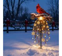 Red Cardinal Christmas Solar Light 70Cm Garden Stake with Snowflake Drops | Festive Winter Bird Motif, Glowing Cascading Beads, Pine Needle & Holly Berry Accents, Holiday Yard Gift