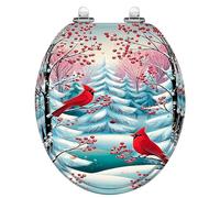 Red Cardinal Winter Toilet Seat Round Slow Close Quiet Lid Quick Release Hinges Easy Clean Install Resin Snowy Trees Berry Branches Colorful Cover Bumpers
