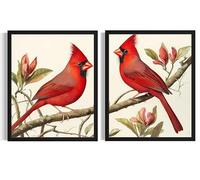 Red Cardinals Wall Art Poster Prints, Animal Vintage Flowers,(Set of 2) Farmhouse Decor for Living Room, Bedroom, Bathroom Office AA27 (Red Cardinals, 8 x 10 inches (2 Panels), Unframed)