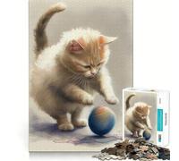 Red Cat Jumps on Ball Hard Jigsaw Puzzle for Adults 1000 Pieces Pure Logic Toy Home Activity Clean Cut Lovely Gift (50x75cm)