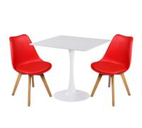 (Red Chairs) Charles Jacobs White Square Ceramic Dining Table & 2 Tulip Design Chairs Dining Set Seat Dinner Kitchen