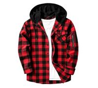 Red Checked Shirt Mens Long Sleeve Hooded Flannel Shirts Casual Drawstring Button Down Work Plaid Hoodie Adult Regular Fit Lightweight Jackets Cotton Sweatshirt 4 Seasons Lumberjack Jacket with Pocket