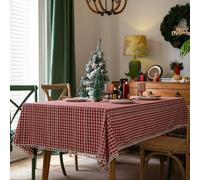 Red Checkered Tablecloth with White Pom-Pom Trim, Floral or Snowflake Design, Cotton Blend, Perfect for Parties and Home Decoration, 140x260cm Size
